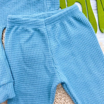 Conj. Jaqueta com Capuz de Dino e Calça em Malha Wafle - Azul